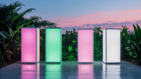 colorful illuminated pillars in a tropical garden at twilight