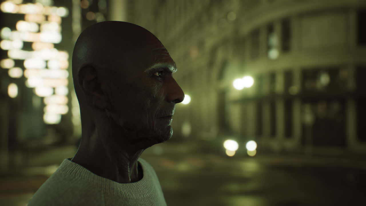 anciano asiático en la gran ciudad por la noche