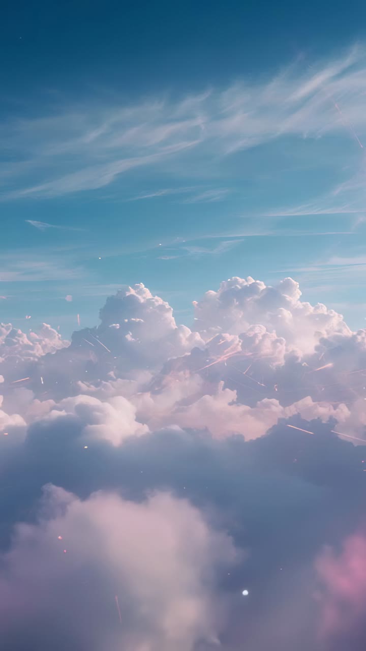 Video verticale: Origine dall'alto, strisce rosa che scendono, illuminando le cime delle nuvole, proiettando piccole scintille