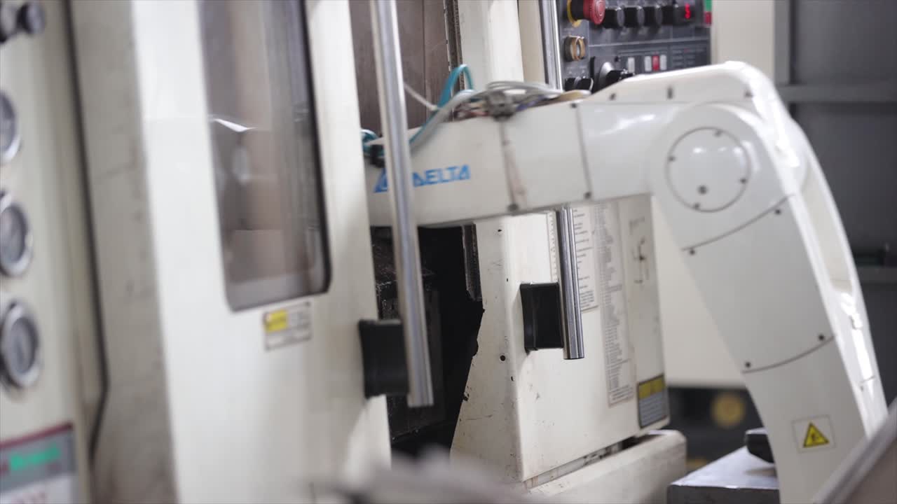 close - up view of the factory with metal robotic arm