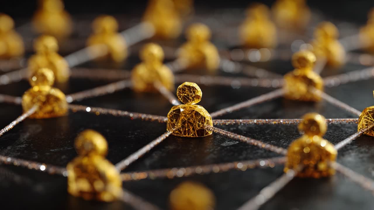 En kunstnerisk repræsentation af menneskelige forbindelser: En 3D-rendering af gyldne figurer forbundet med netværkslinjer, der symboliserer relationer og interaktion.
