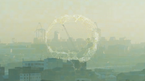 digital skull animation over industrial cityscape with cranes and buildings