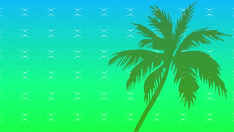 animación de formas en movimiento y palma sobre fondo verde y azul.