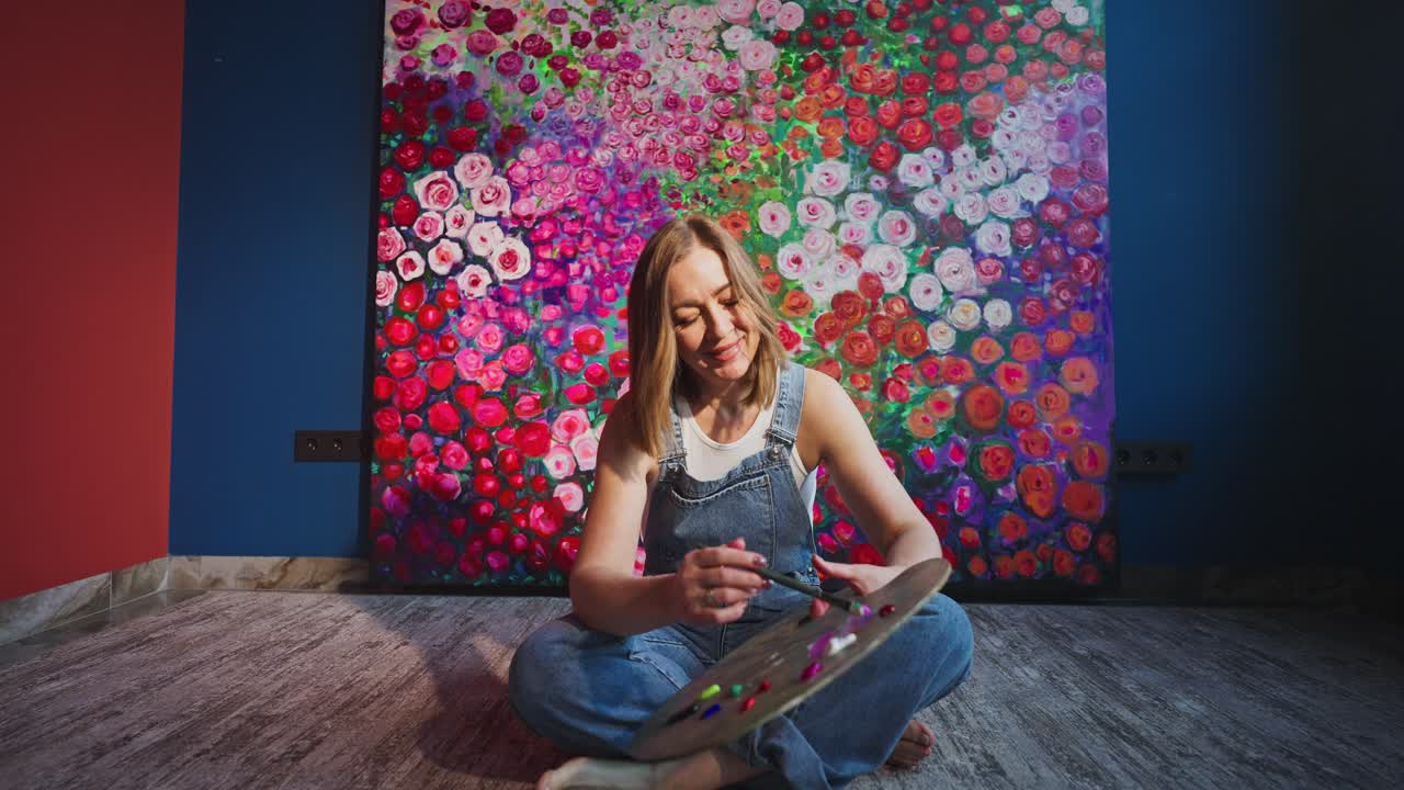 Glad kvindelig kunstner blander maling på palet i atelier.