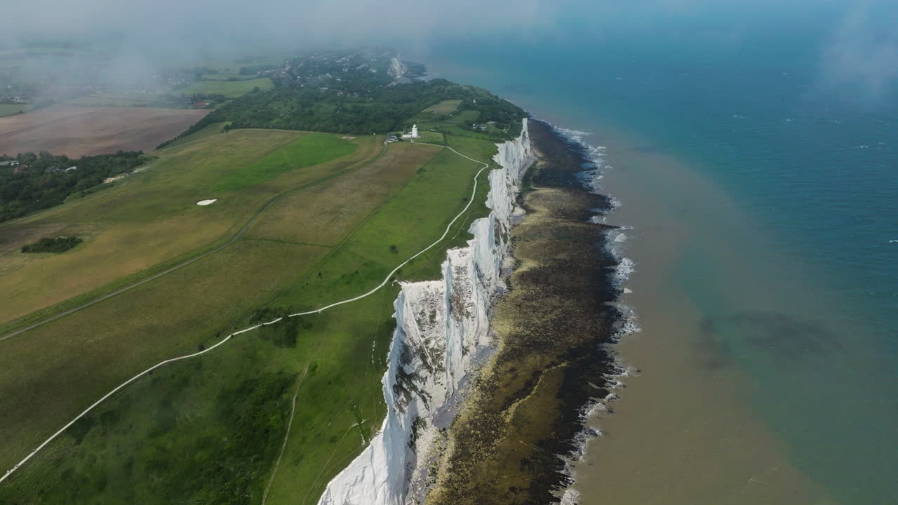 White Cliffs Of Dover In The Early Morning in Kent, England, UK. - aerial shot