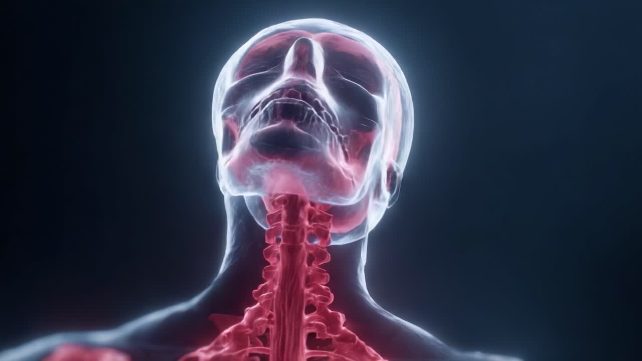 Una rappresentazione digitale dell'anatomia della testa e del collo umani con enfasi sul sistema vascolare in una straordinaria visualizzazione al neon.