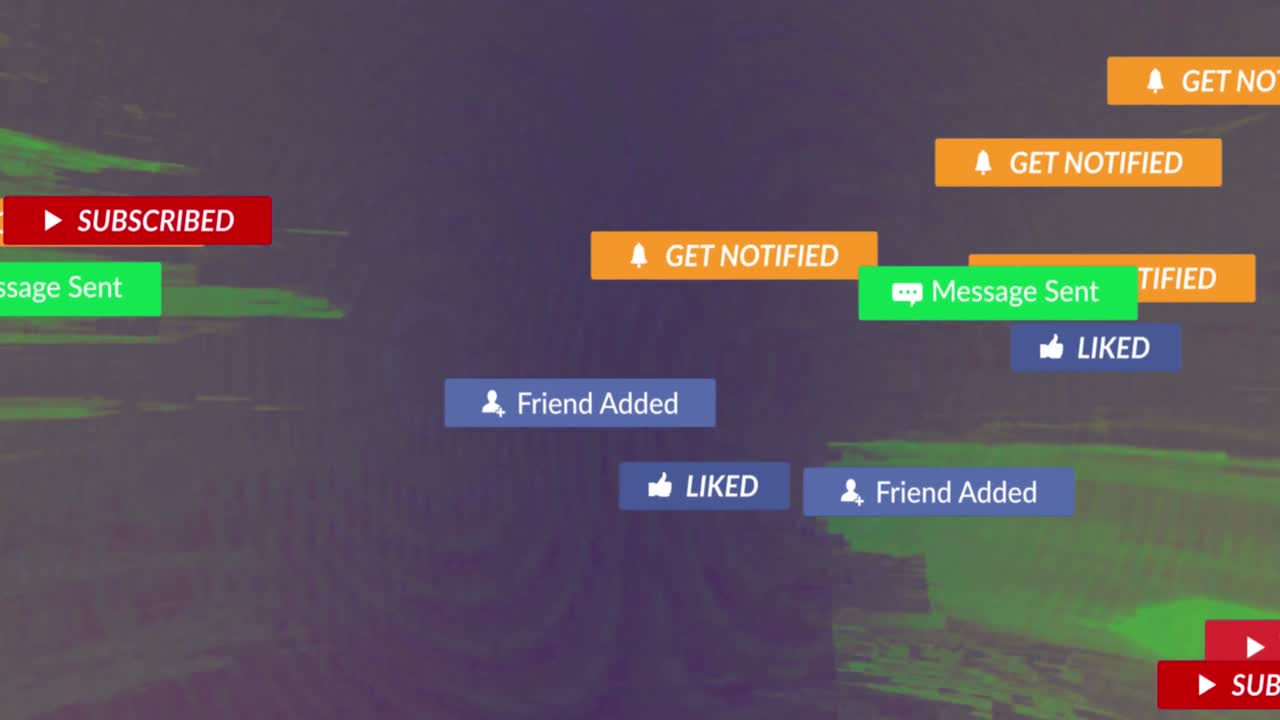 녹색 패턴 위의 소셜 미디어 아이콘과 숫자의 애니메이션