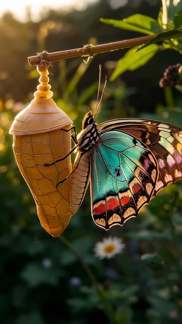 Video verticale: sole che riscalda le ali di una farfalla che si distende, antenne che si muovono sul ramo di un giardino, crisalide