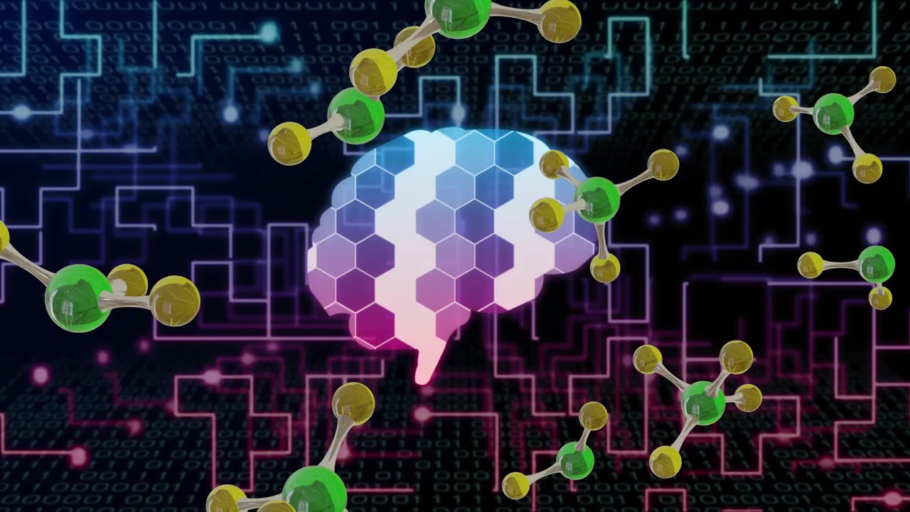 Pause starting, brain icon staying central while molecules rising, rotating, visualizing network