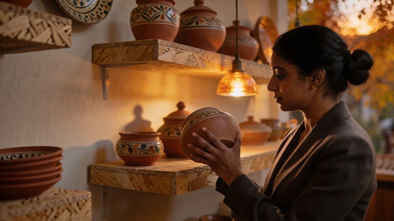 Mulher estende a mão para pegar pote de terracota com tampa, levantando e girando, verificando o encaixe da tampa e o padrão para comprar.