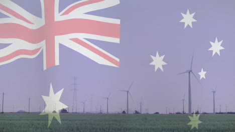 australian flag animation over wind turbines in green field