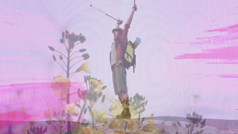 animation of pink shapes over caucasian male hiker