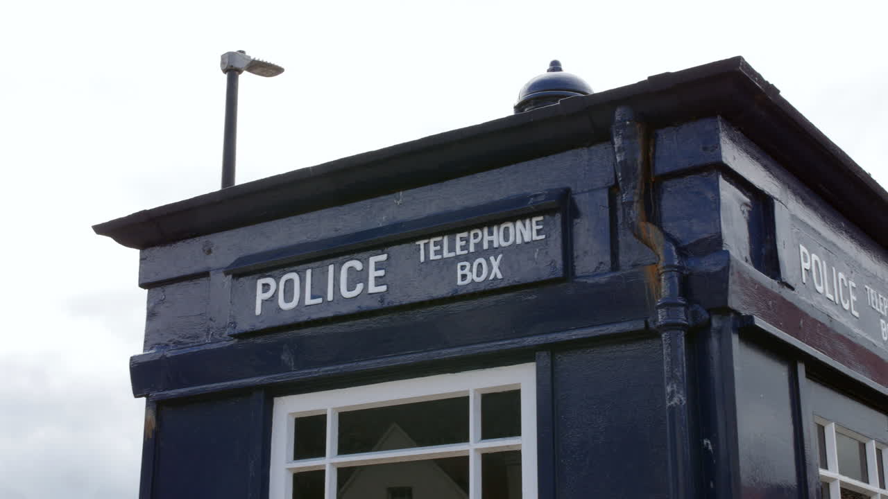 A blue police telephone box standing beneath a cloudy sky, with a mounted security camera and white lettering above the small front window