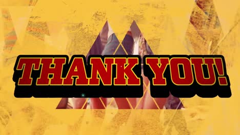 animation of thank you text over geometrical shapes on yellow background