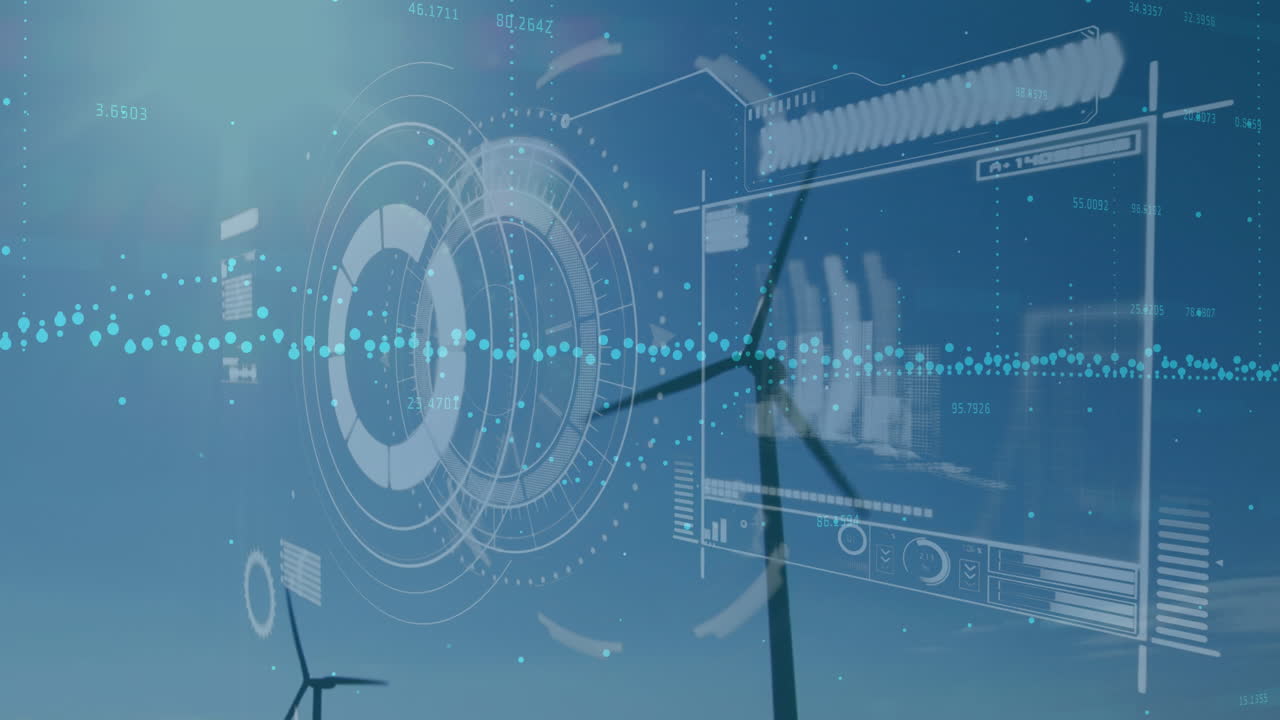 둥근 스캐너와 인터페이스의 애니메이션, 파란 하늘에 대한 회전하는 풍차에 대한 데이터 처리