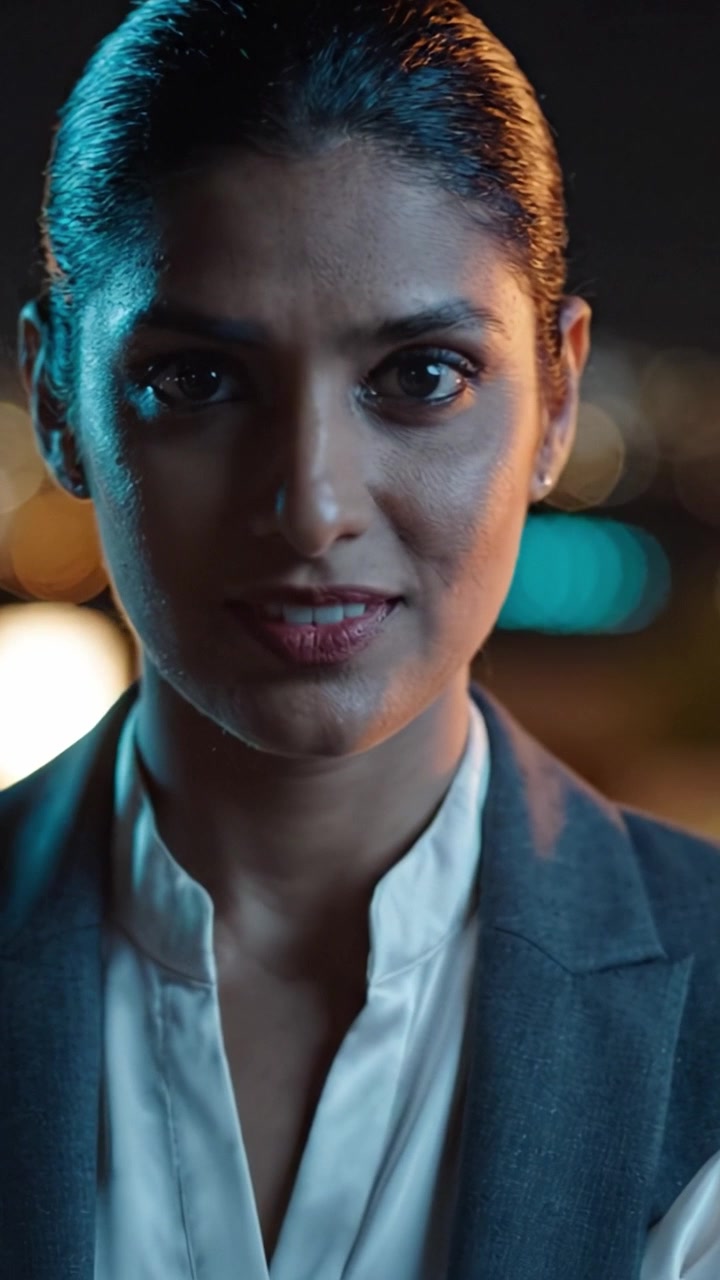 Uma empresária confiante olha para a distância, exibindo determinação e compostura sob as luzes da cidade, em um terno sofisticado, em um cenário noturno.