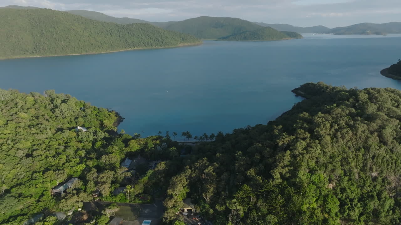 Aerial drone shot of Palm Bay resort in the Whitsunday Islands, QLD, Australia