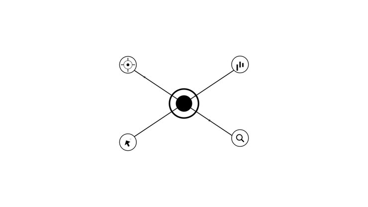 Diagramma di rete animato con icone espandibili su sfondo bianco