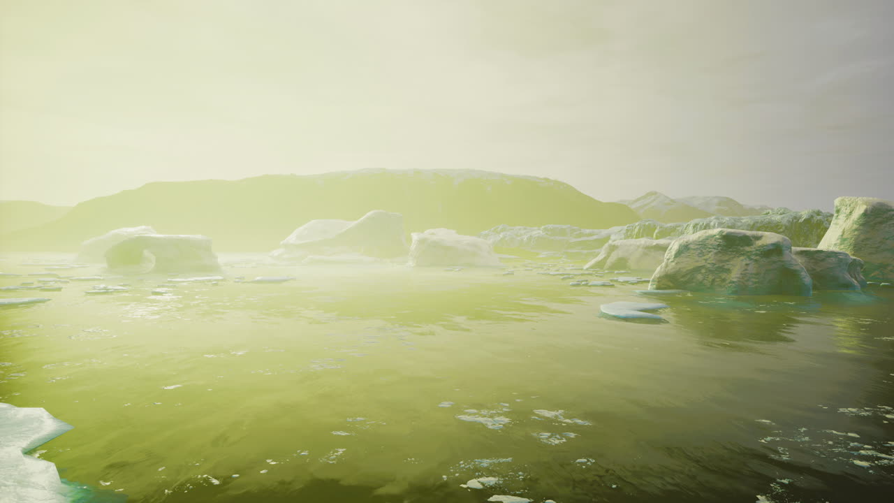 Tranquil icebergs glisten under a golden morning sun by the calm sea