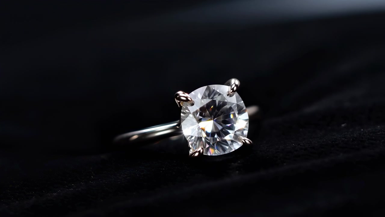 Nærbildepresentasjon av en solitær forlovelsesring på mørk fløyel, som viser en rund briljantslipt edelsten festet av fire polerte metallklør, med rik kontrast, myke refleksjoner og raffinert luksus.