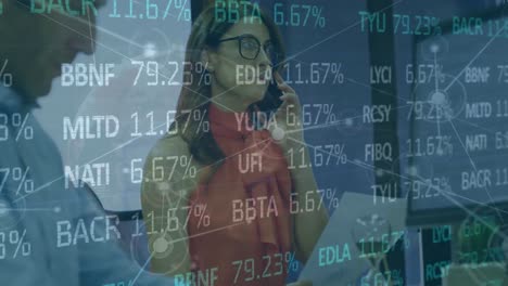 Animation-of-trading-board,-connected-dots-and-graphs-on-caucasian-woman-talking-on-cellphone