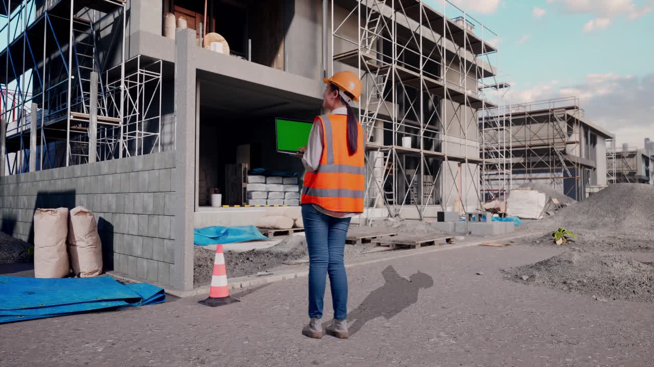 Full Body Back View Of Asian Female Engineer With Safety Helmet Working A Green Screen Laptop At Construction Site in Progress to New House