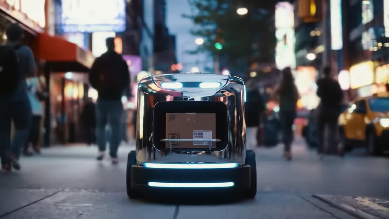 A Futuristic Delivery Robot Navigating Through a Vibrant City Street at Dusk, Showcasing Advanced Technology and Urban Lifestyle Dynamics