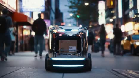 a futuristic delivery robot navigating through a vibrant city street at dusk, showcasing advanced technology and urban lifestyle dynamics
