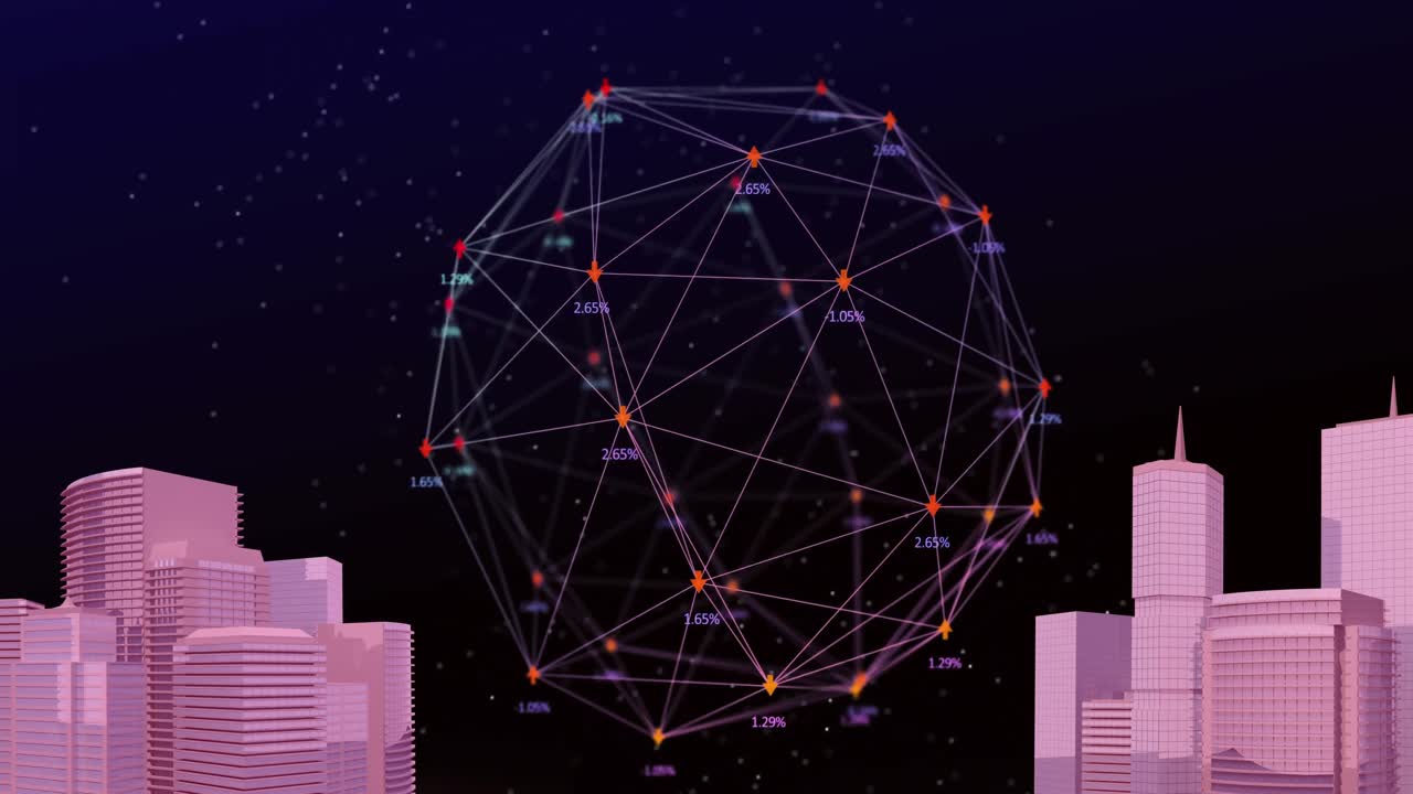 Animation of network of connections and icons cityscape