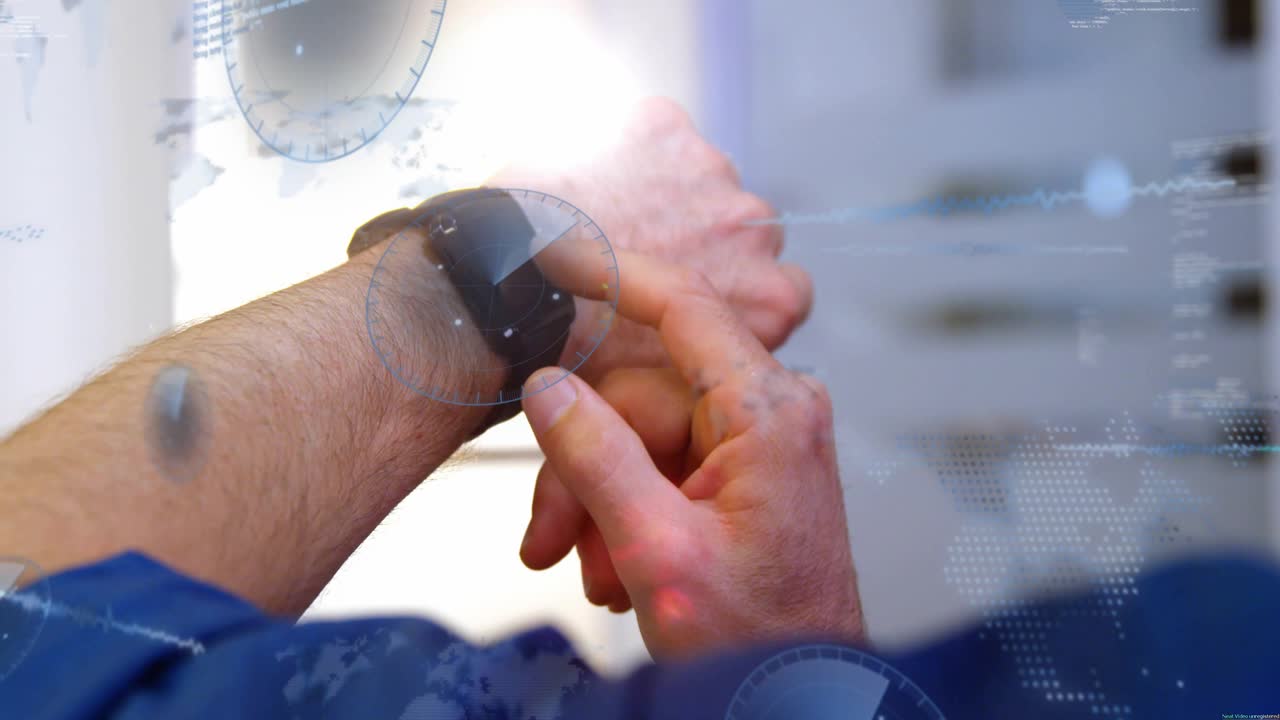 Mature man bringing wrist forward, tapping watch lower-right, checking health data as HUD aligning