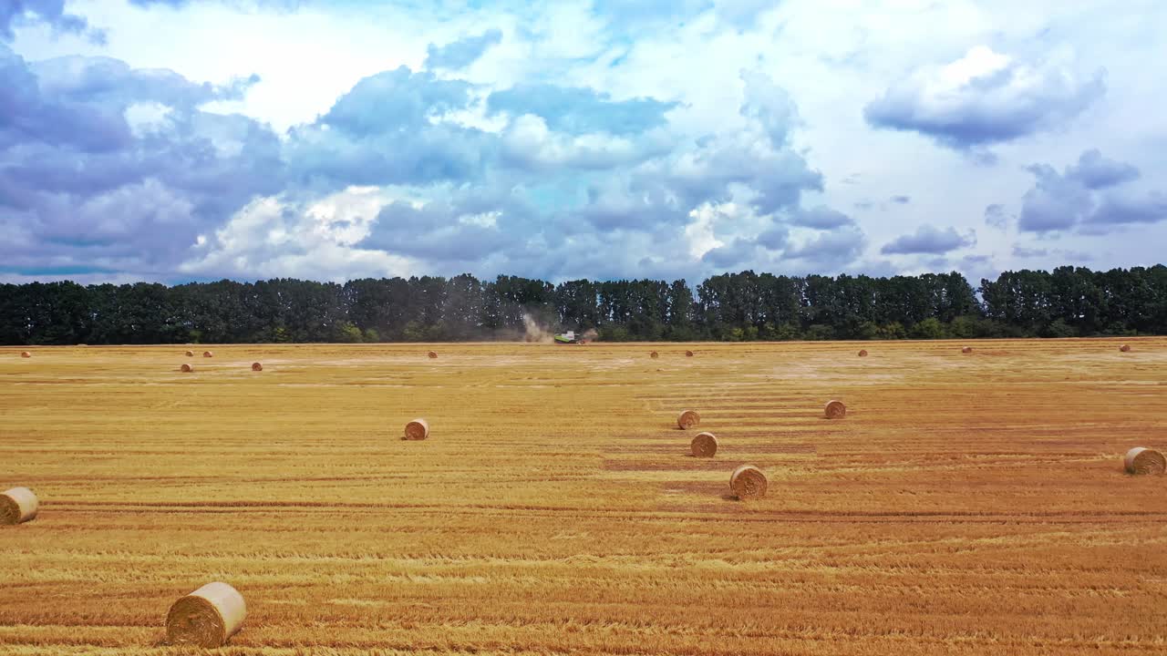 Harvesting dried grass. Agricultural works on the field in the countryside. Tractor is baling hay in summer. Many bales laying in farmland. Camera moves back.
