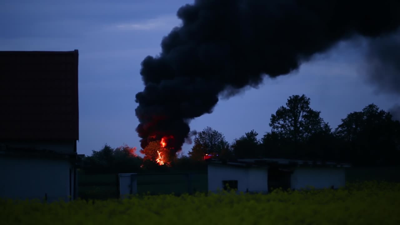 Rescue Firetruck Arrived At The Burning Field With Thick Black Smoke And Huge Fire In Poland At Dusk - wide shot