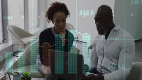 in office, professionals analyzing financial graphs with animation of currency symbols
