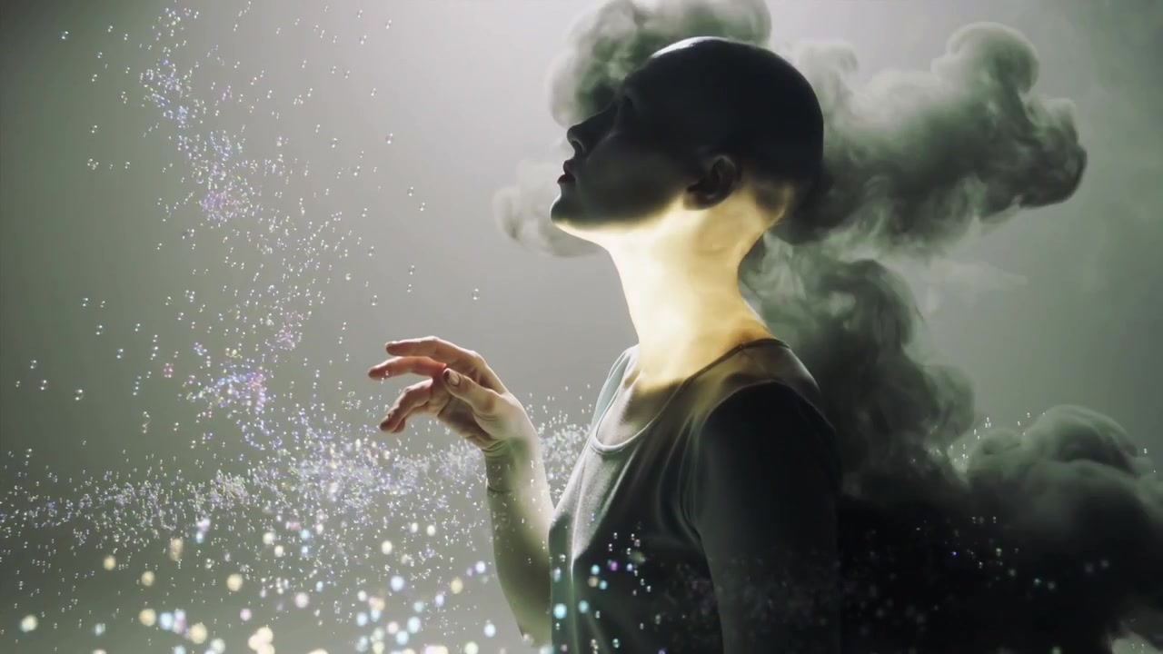 In risposta a particelle che salgono, una donna alza la mano per modellare una colonna di fumo in studio, indossando una canotta scura.