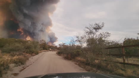 gran columna de humo gris oscuro y naranja de un incendio forestal