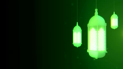 glowing celebration lantern hanging from ceiling on dark background. ramadan kareem islamic motion background. 3d loopable animation.