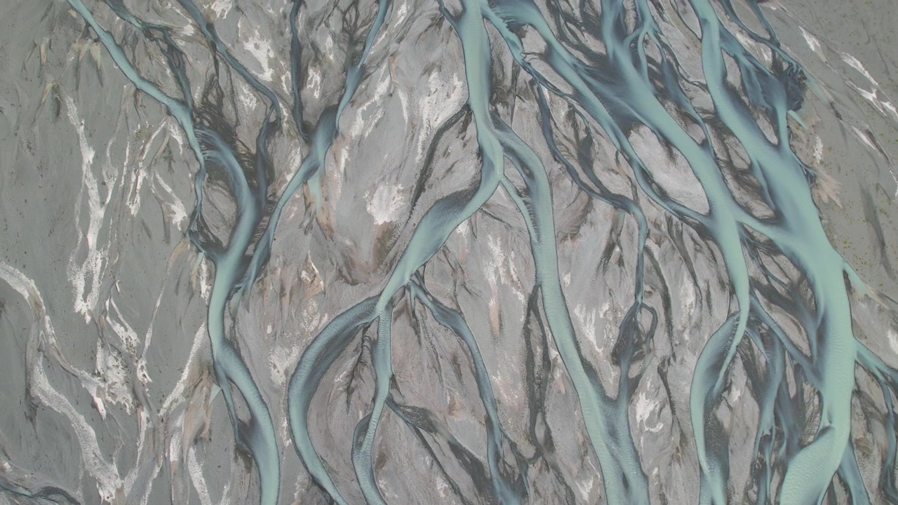 Birds-Eye View of Braided Rangitata River Glacial Waters. Natural landscape, New Zealand