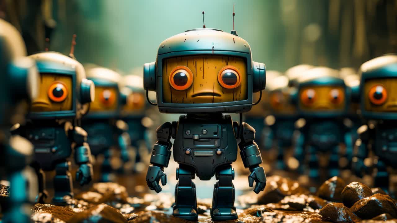 un grupo de robots de pie en una línea en un bosque