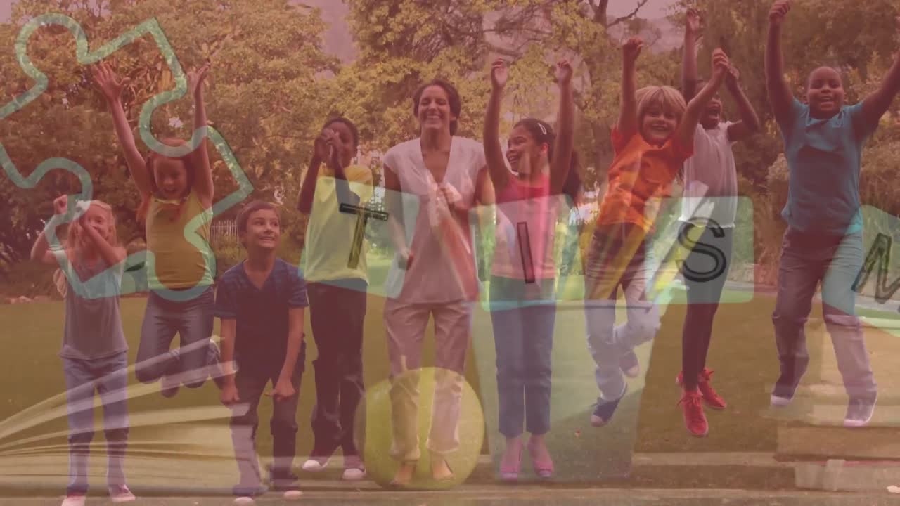 교사와 함께 학교 학생들을 대상으로 다채로운 퍼즐 조각과 자폐증 텍스트의 애니메이션