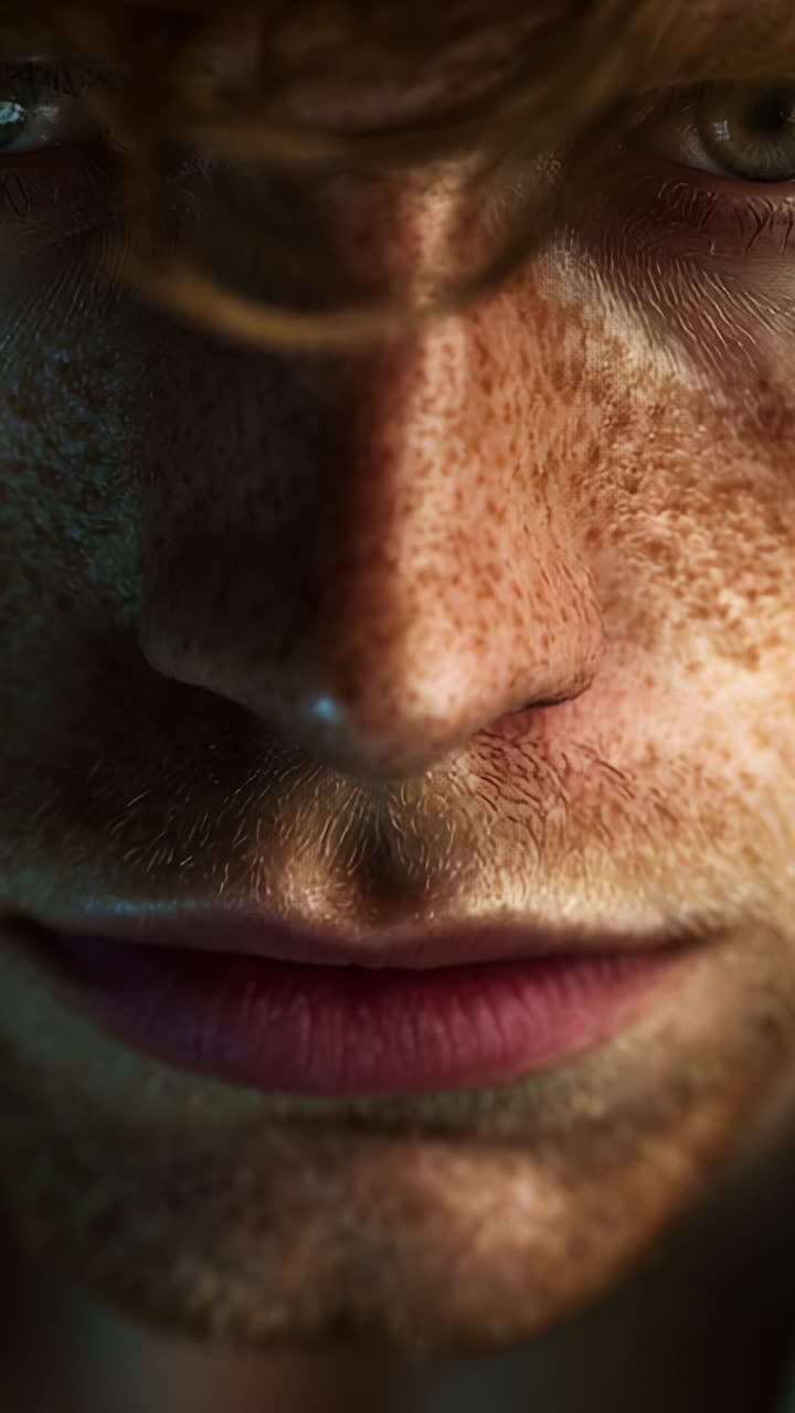 Close-up Portrait of a Person with Distinctive Freckles and Intense Gaze, Captured in Dramatic Lighting that Highlights Their Unique Facial Features