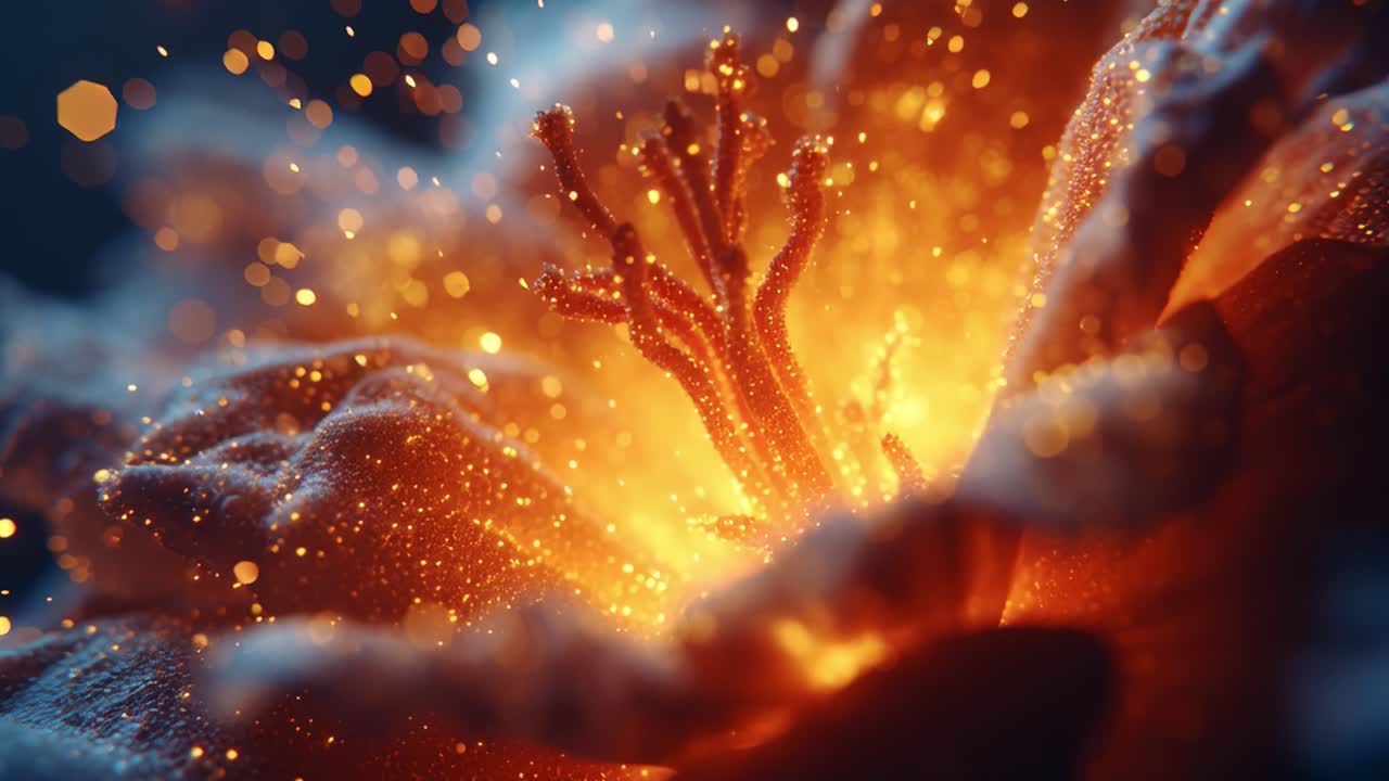 A Glowing Flower: Radiant Petals Unfolding with a Dazzling Display of Light Sparks and Iridescent Particles, Capturing Nature's Magic in a Stunning Macro Perspective