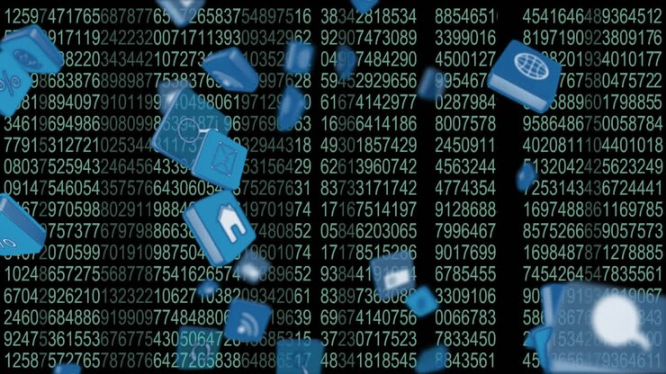 Internetikoner og symboler på en baggrund med koder