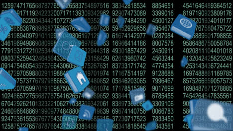 Internet icons and symbols on a background with codes