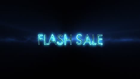 neon blue flash sale text appearing against a black screen 4k