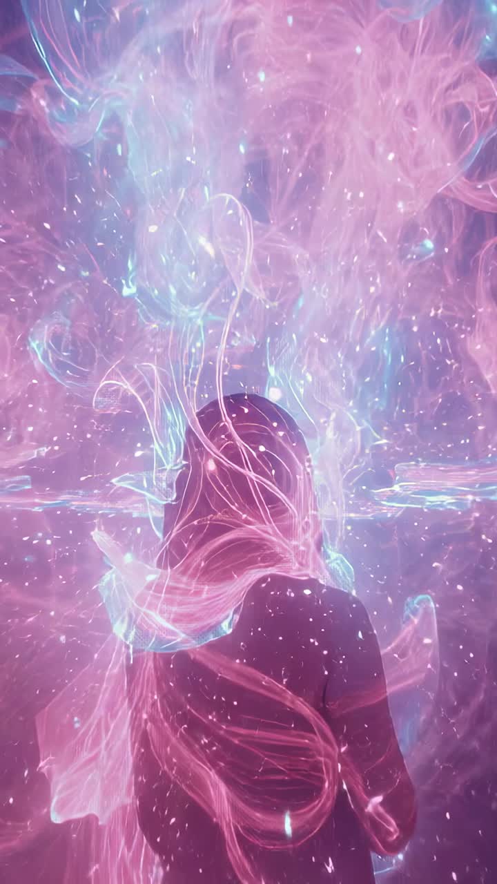 Vertical video: Forming vortex releasing energy around lone female in dark void, pulsing halo