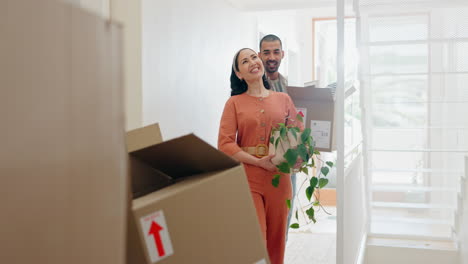 couple, moving and pointing in new home