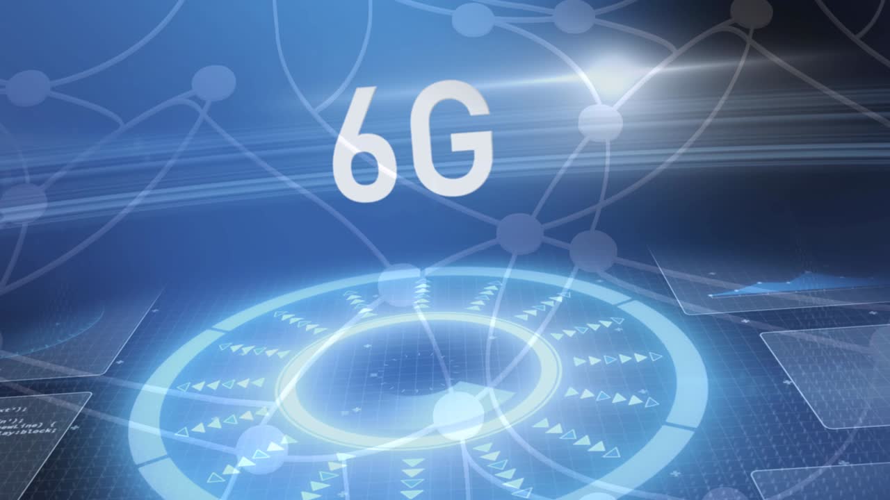 어두운 파란색 배경에 움직이는 범위와 네트워크와 함께 6g 텍스트와 반 ⁇ 이는 인터페이스의 애니메이션