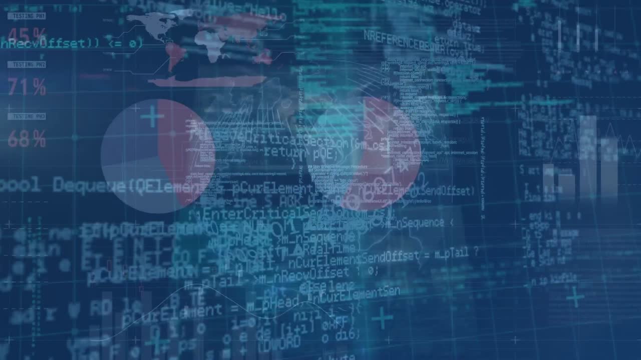 animación de estadísticas y procesamiento de datos digitales sobre un fondo oscuro