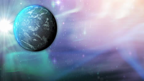 Animation-Des-Blauen-Planeten-Im-Rauchgrünen,-Violetten-Und-Rosa-Raum