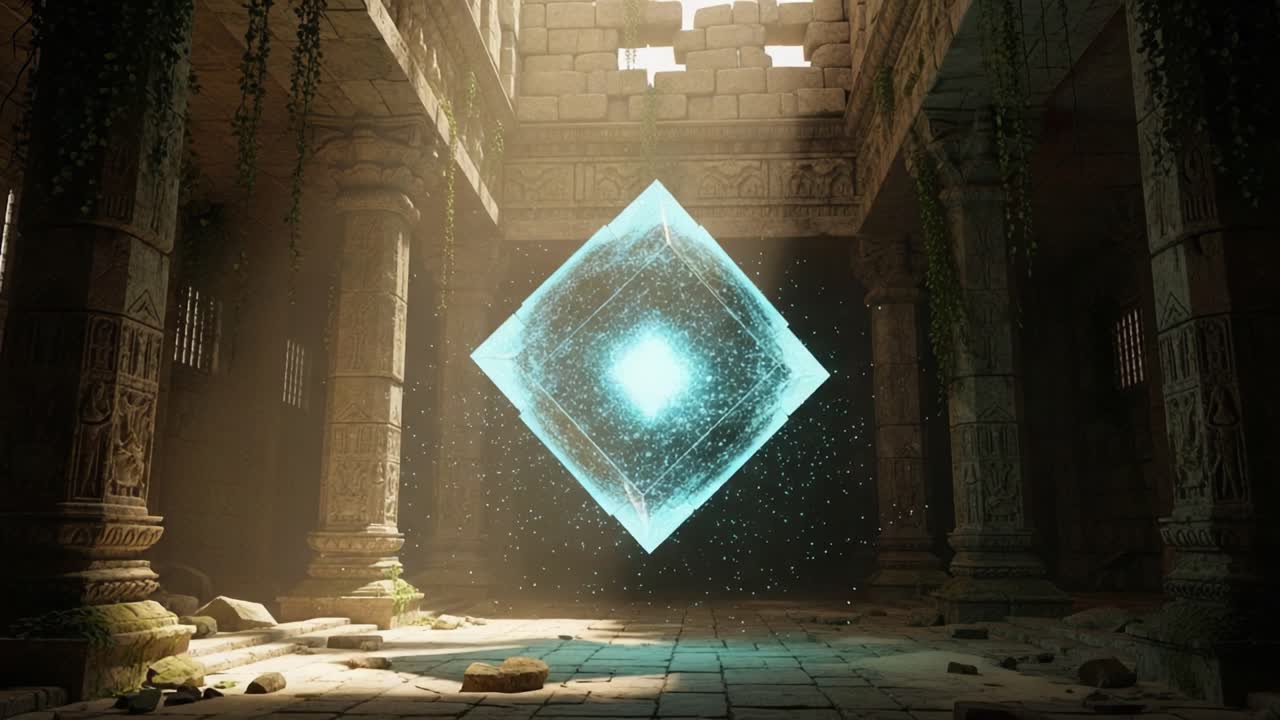 A Mystical Floating Cube Illuminates an Ancient Temple Ruins with Ethereal Light and Enigmatic Energy, Creating a Breathtaking Visual Experience of Lost Civilization Artistry